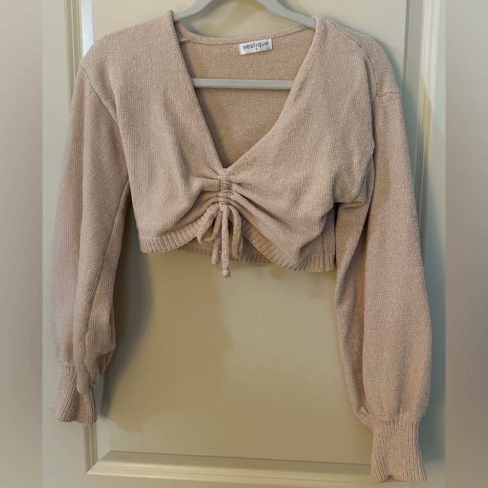 Vestique Boutique Cropped Tie V-neck Cinched Tan Sweater Women's Sz Small